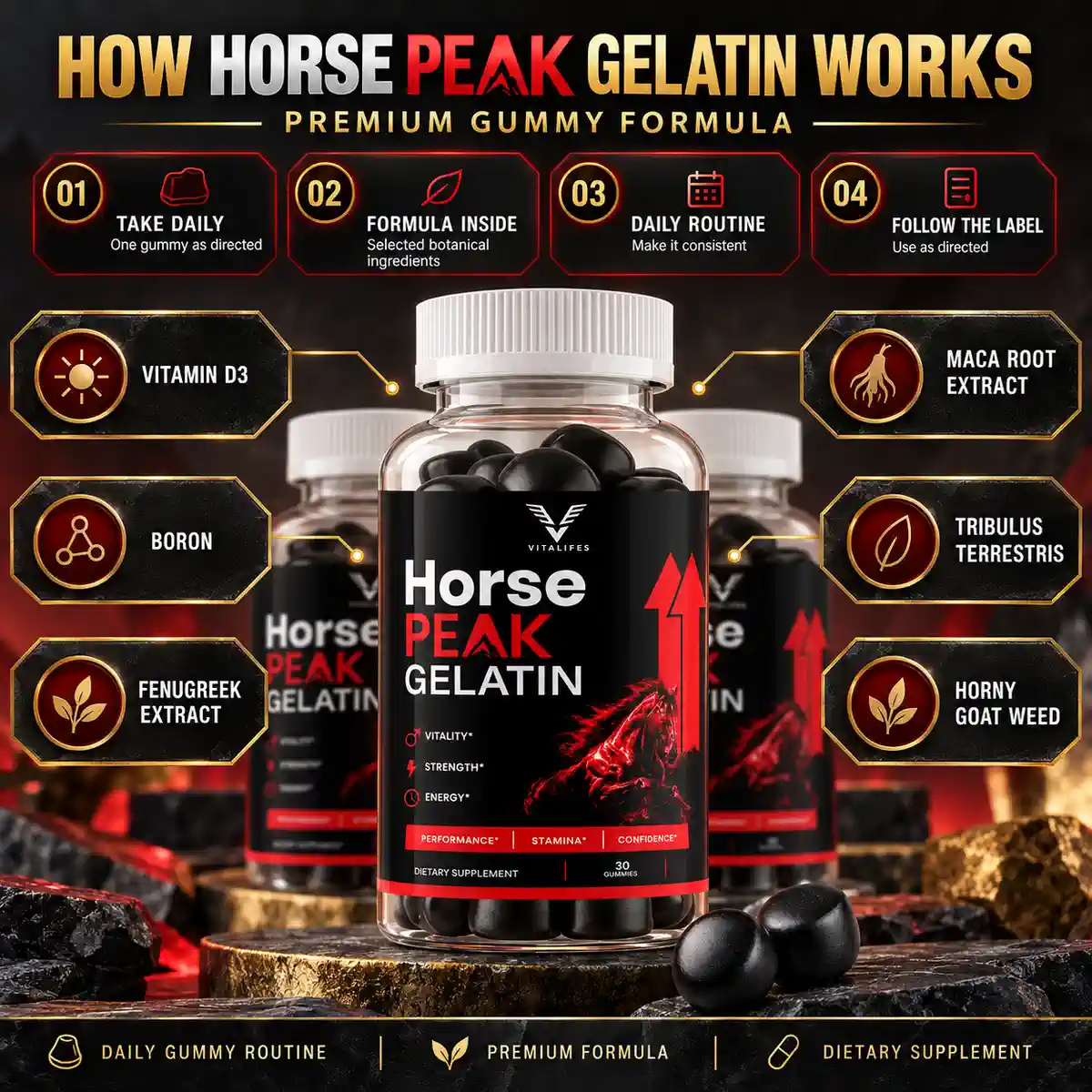 The seller's HOW HORSE PEAK GELATIN WORKS graphic, four numbered steps and six named ingredients