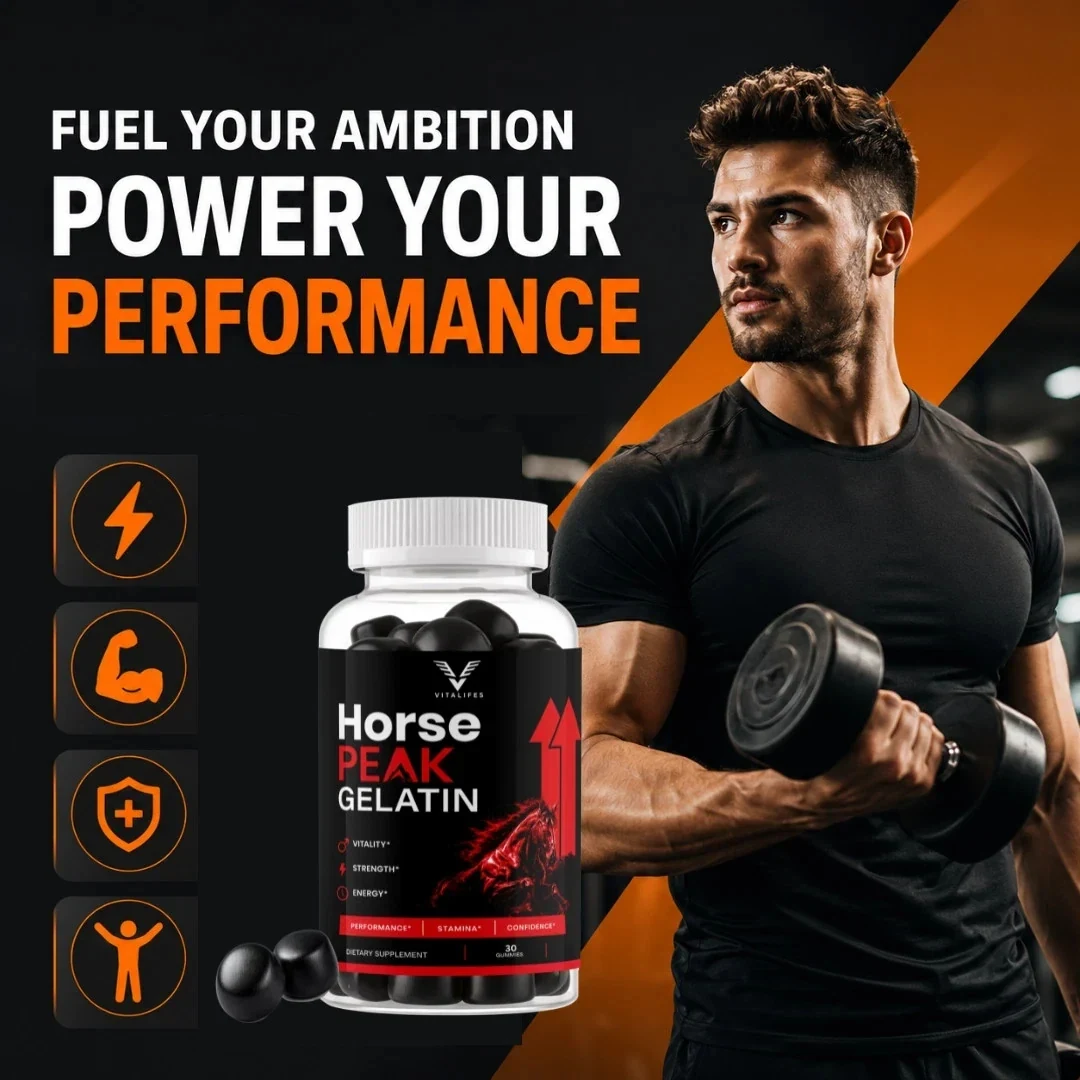 A Horse Peak Gelatin advertisement reading FUEL YOUR AMBITION POWER YOUR PERFORMANCE