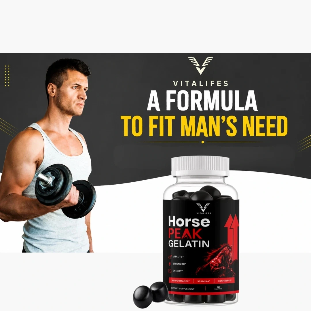 A Horse Peak Gelatin marketing image reading A FORMULA TO FIT MAN'S NEED beside the bottle