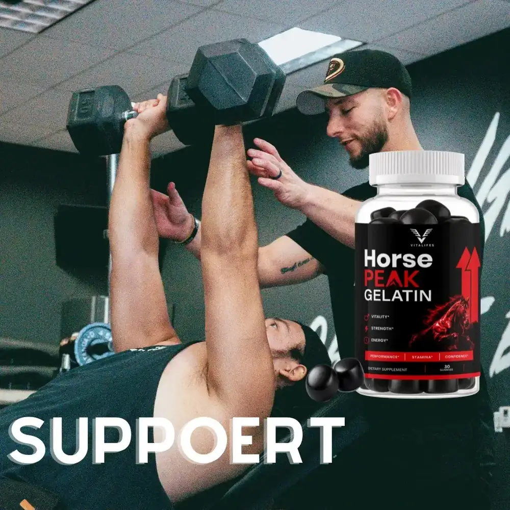 A Horse Peak Gelatin advertisement showing a spotter on a bench press
