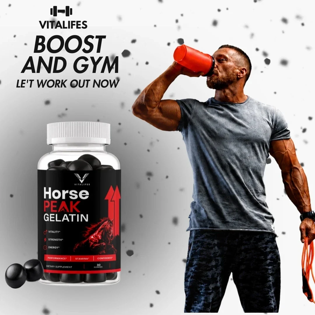 A Horse Peak Gelatin advertisement showing a man drinking from a shaker bottle