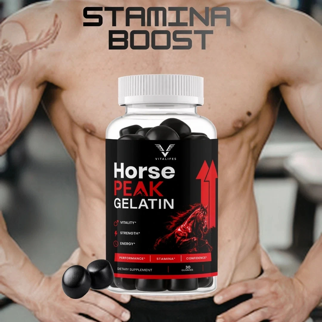A Horse Peak Gelatin advertisement reading STAMINA BOOST over a gym photograph
