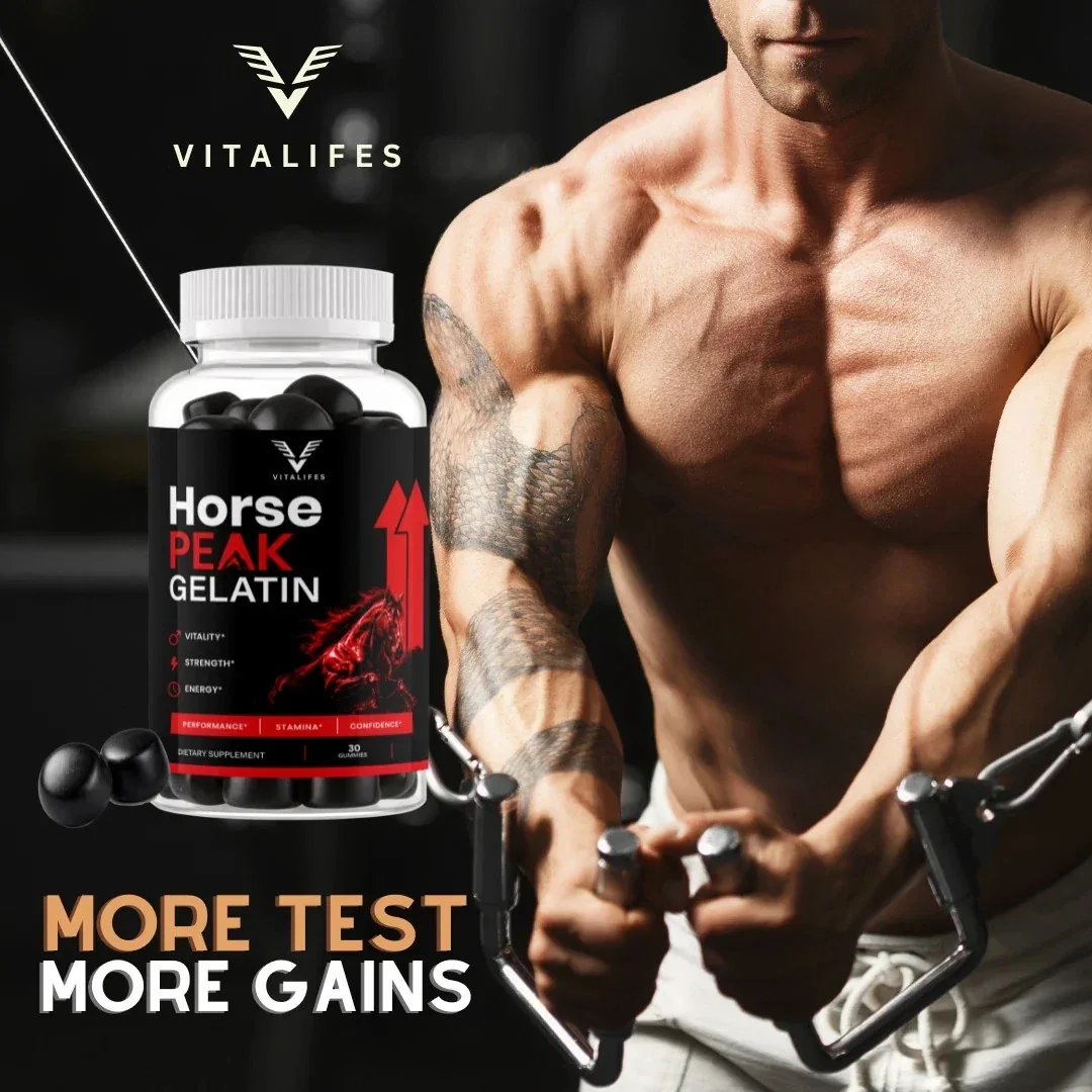 A Horse Peak Gelatin advertisement reading MORE TEST MORE GAINS